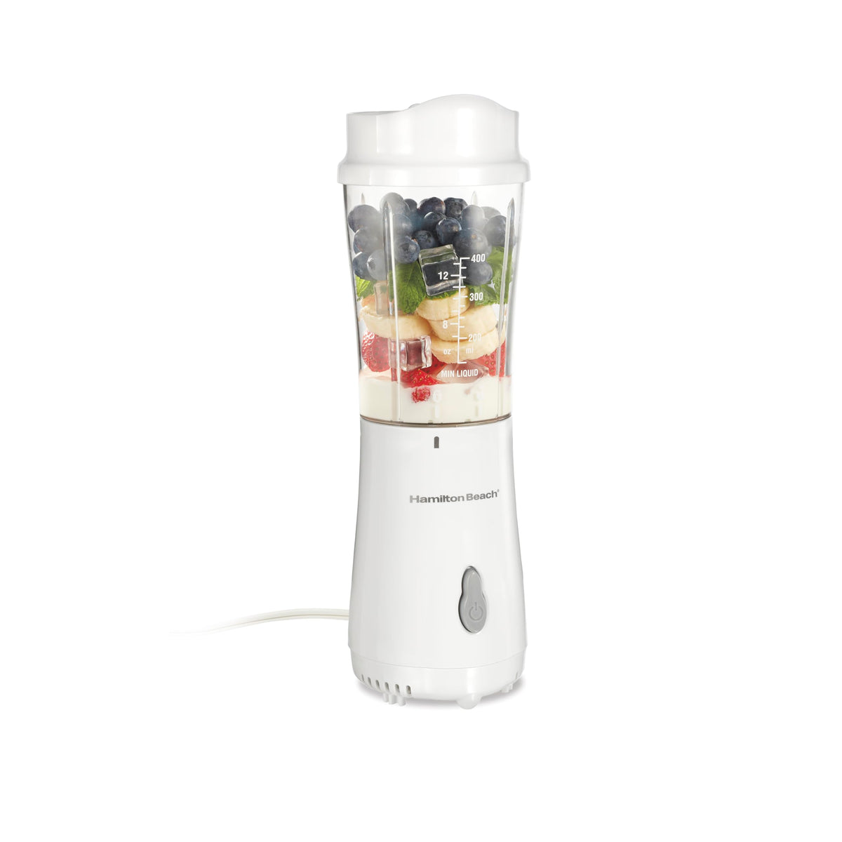 Hamilton Beach portable blender with 14 oz travel jar for on-the-go smoothies.