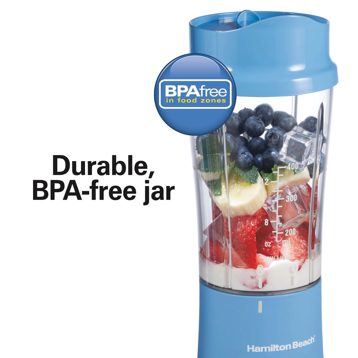 Hamilton Beach portable blender jar, blades, and lid are dishwasher-safe