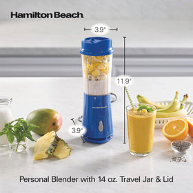 Hamilton Beach blue portable blender ideal for protein shakes on campus or commuting.
