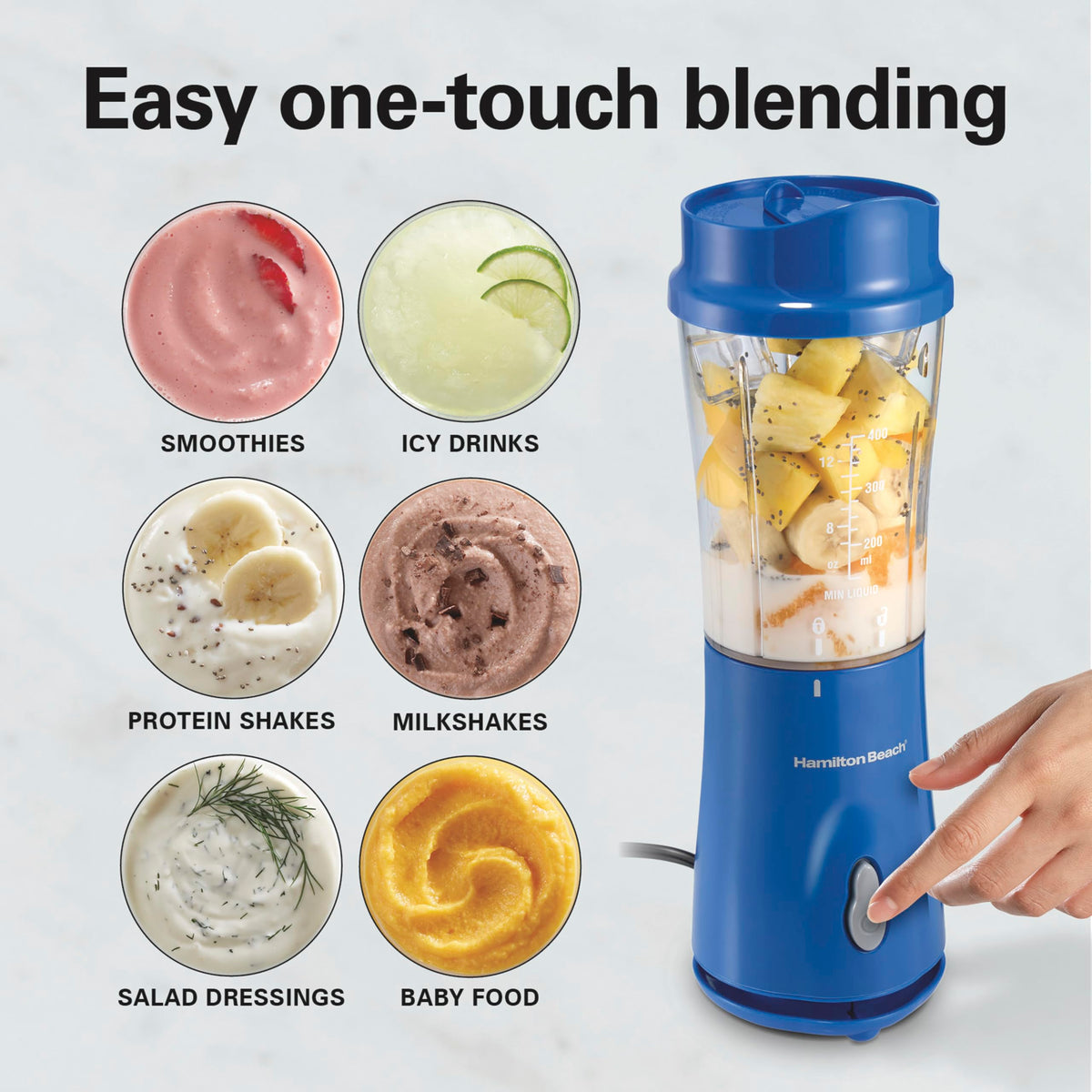Hamilton Beach 14 oz jar doubles as a to-go cup with lid.