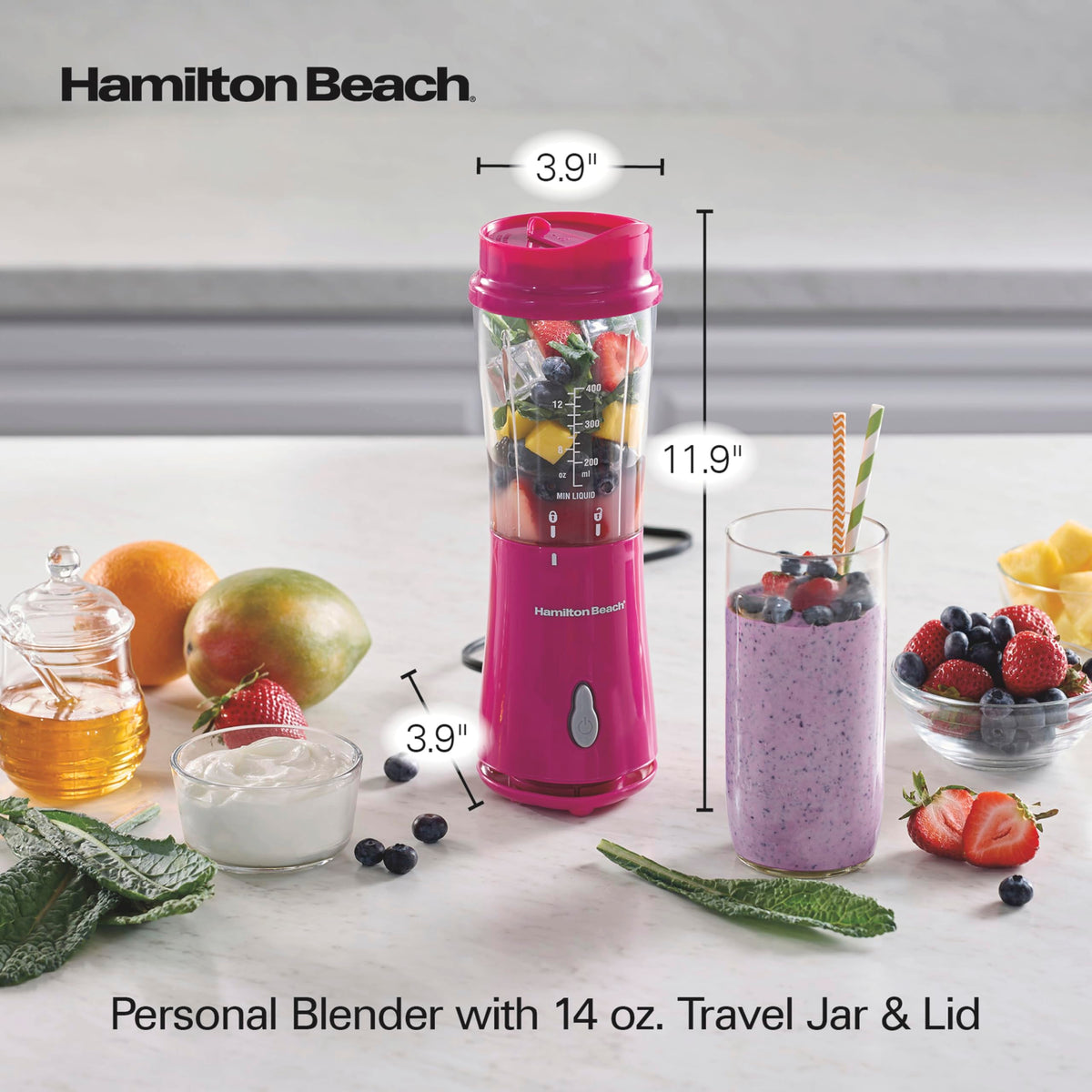 Hamilton Beach portable blender jar has measuring lines for quick portions.