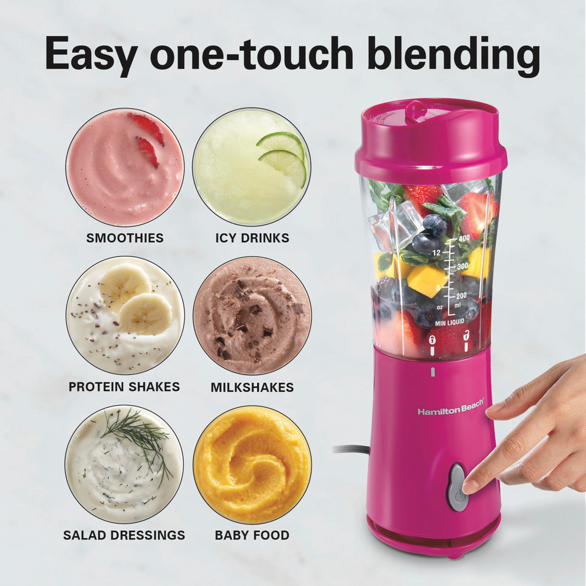 Hamilton Beach portable blender one-touch blending for quick shakes and smoothies.