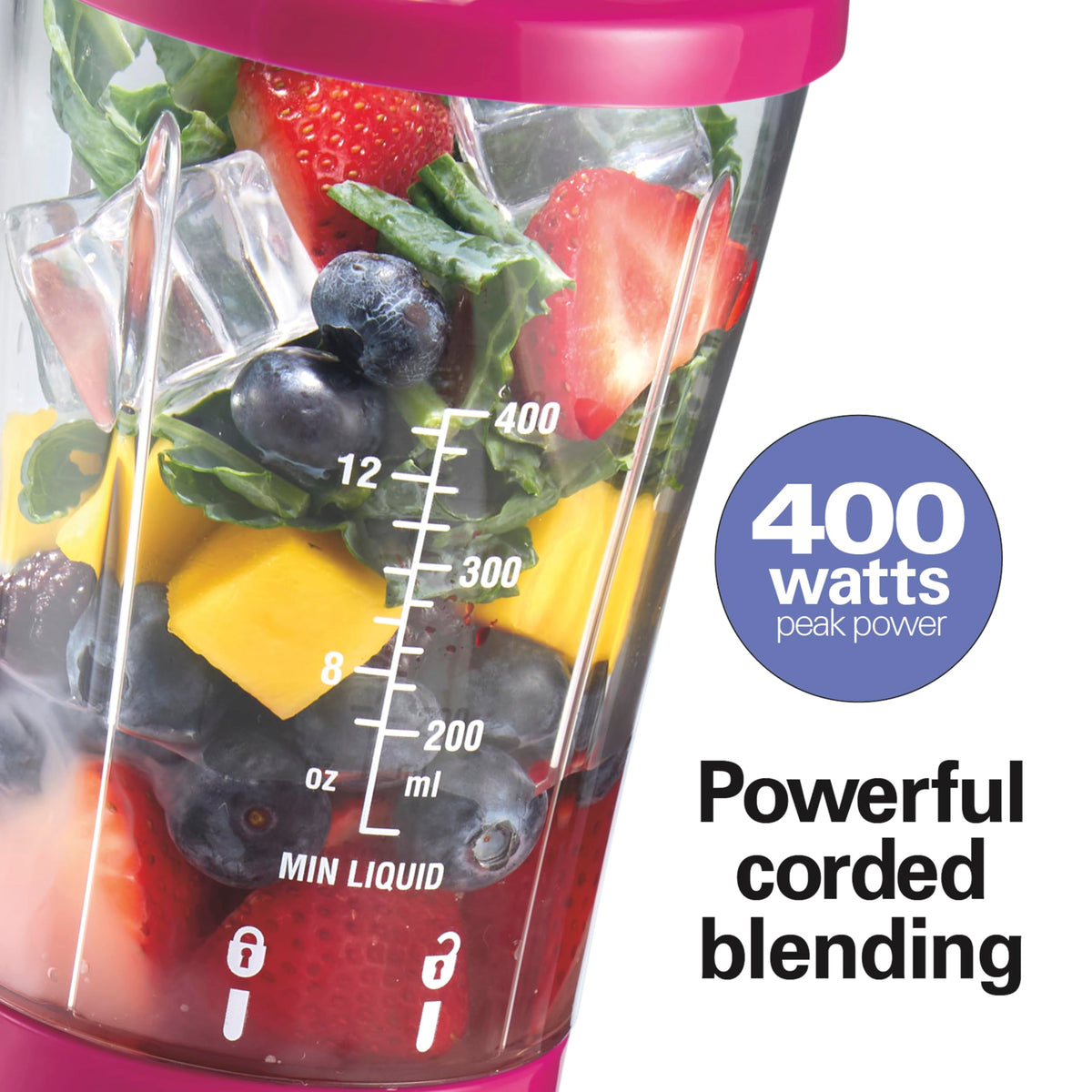 Hamilton Beach portable blender stainless blades deliver smooth blends with ice and frozen fruits.