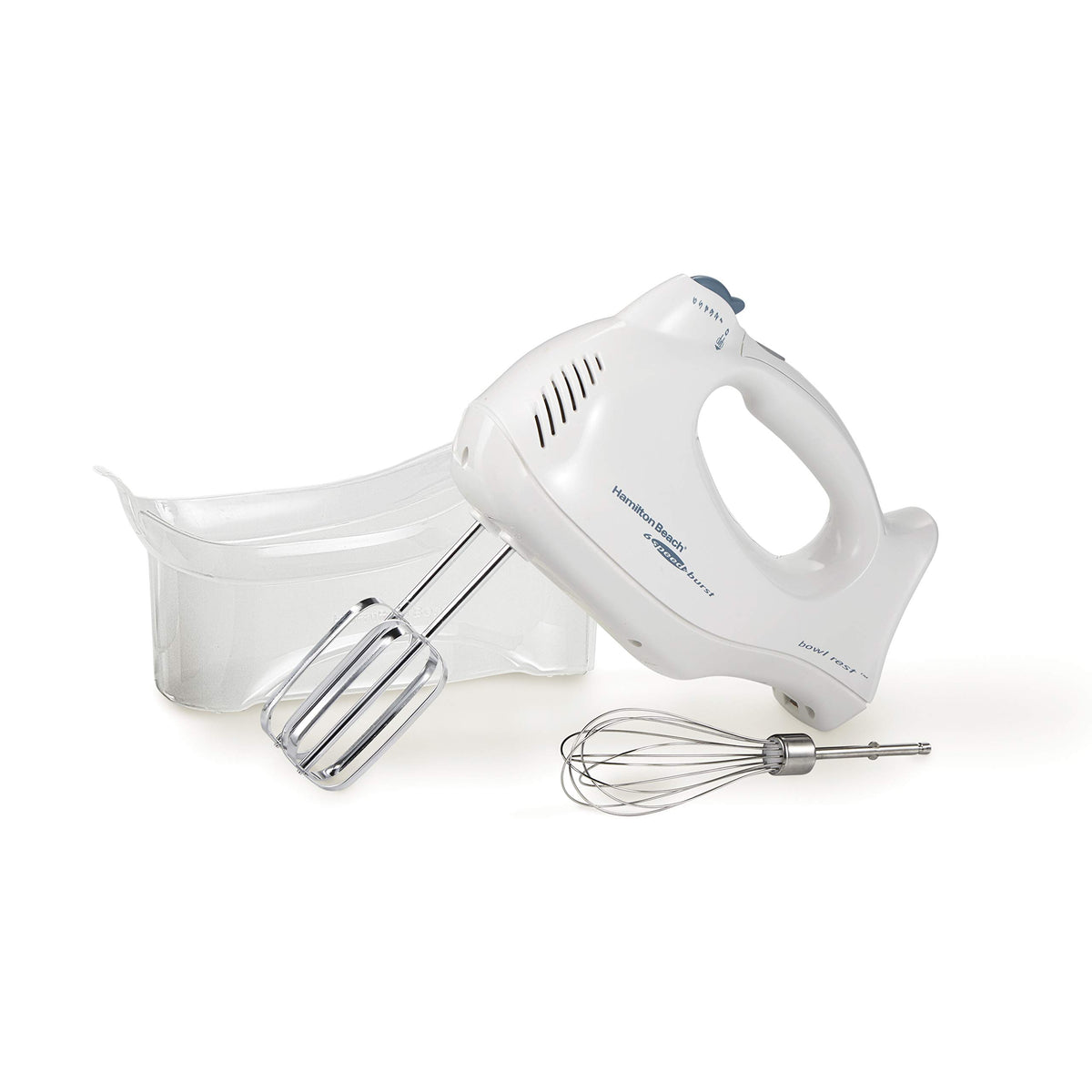Hamilton Beach Power Deluxe hand mixer with snap-on storage case keeps attachments organized