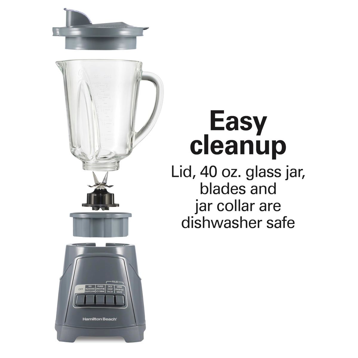 Hamilton Beach Power Elite blender with dishwasher-safe parts for easy cleanup.
