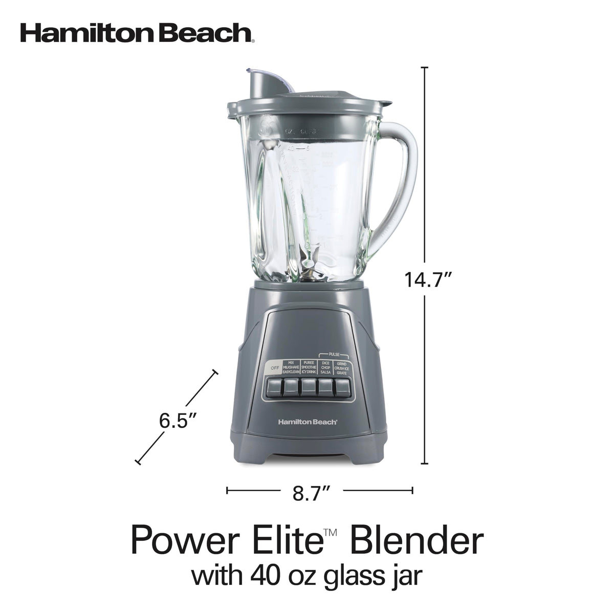 Hamilton Beach Power Elite blender in grey complements modern kitchens.