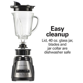 Hamilton Beach Power Elite blender pour spout for spill-free serving.