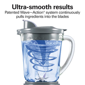 Hamilton Beach Power Elite blender showing wave-action-system for even blending.