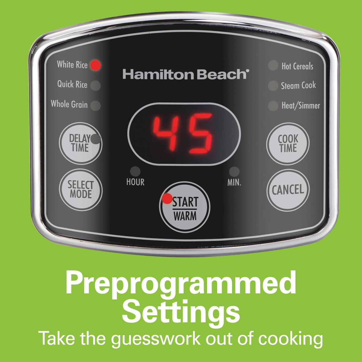 Close-up of White Rice preset on Hamilton Beach cooker