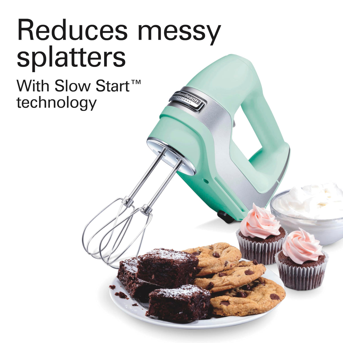 Hamilton Beach Professional mint mixer in action with whisk for smooth batter.