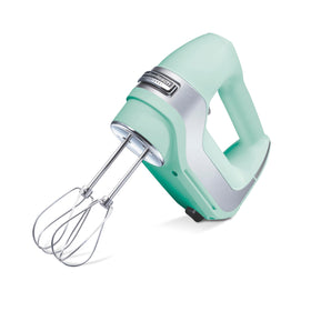 Hamilton Beach Professional mint hand mixer with snap-on case for organized storage.