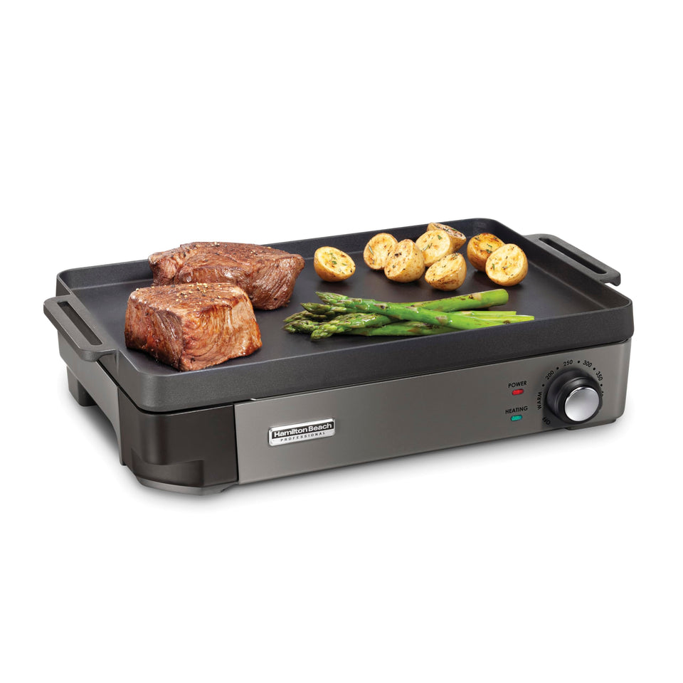 Hamilton Beach Professional cast-iron grill surface, 10x16 inches for family meals.