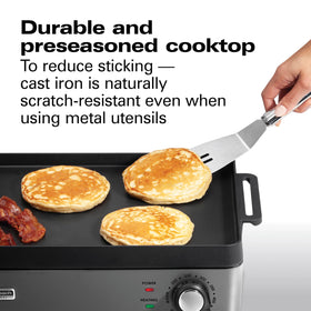 Hamilton Beach Professional cast-iron holds heat evenly for browning.