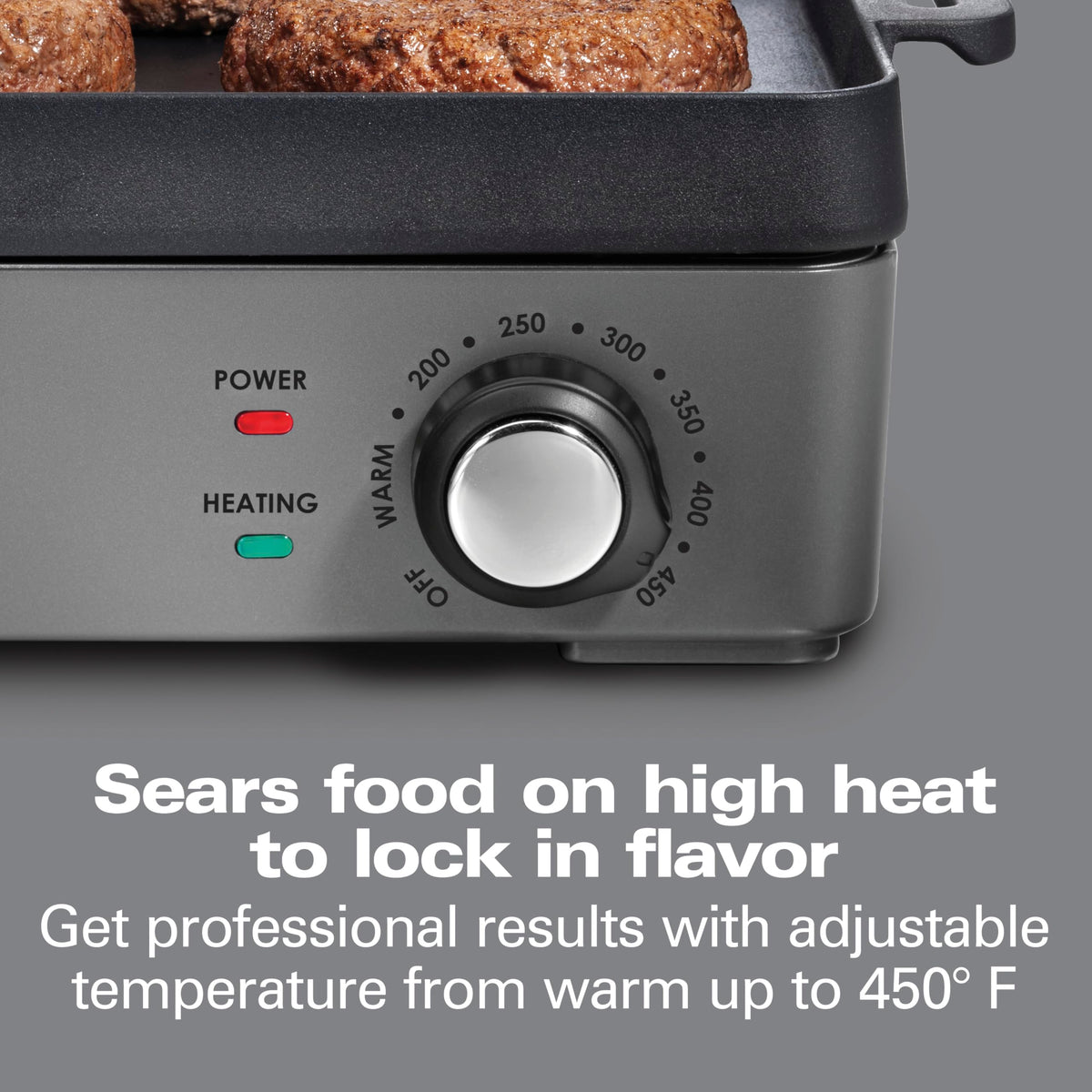 Hamilton Beach Professional preseasoned cast-iron cooktop reduces sticking.