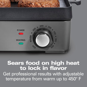 Hamilton Beach Professional preseasoned cast-iron cooktop reduces sticking.