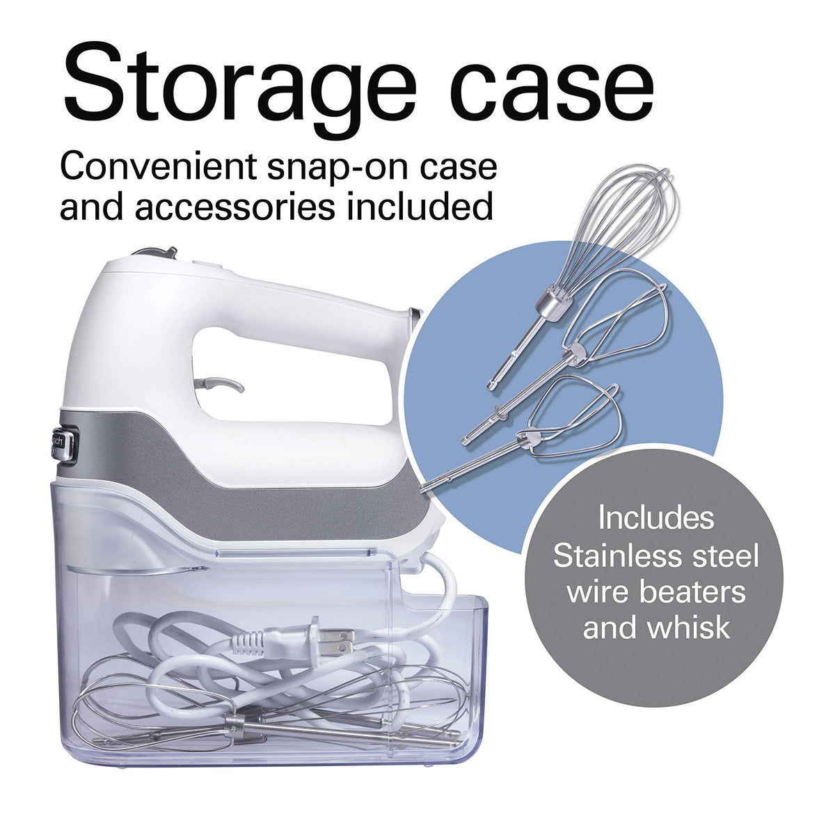 Hamilton Beach Professional storage case keeps attachments organized.