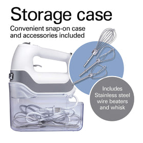 Hamilton Beach Professional storage case keeps attachments organized.