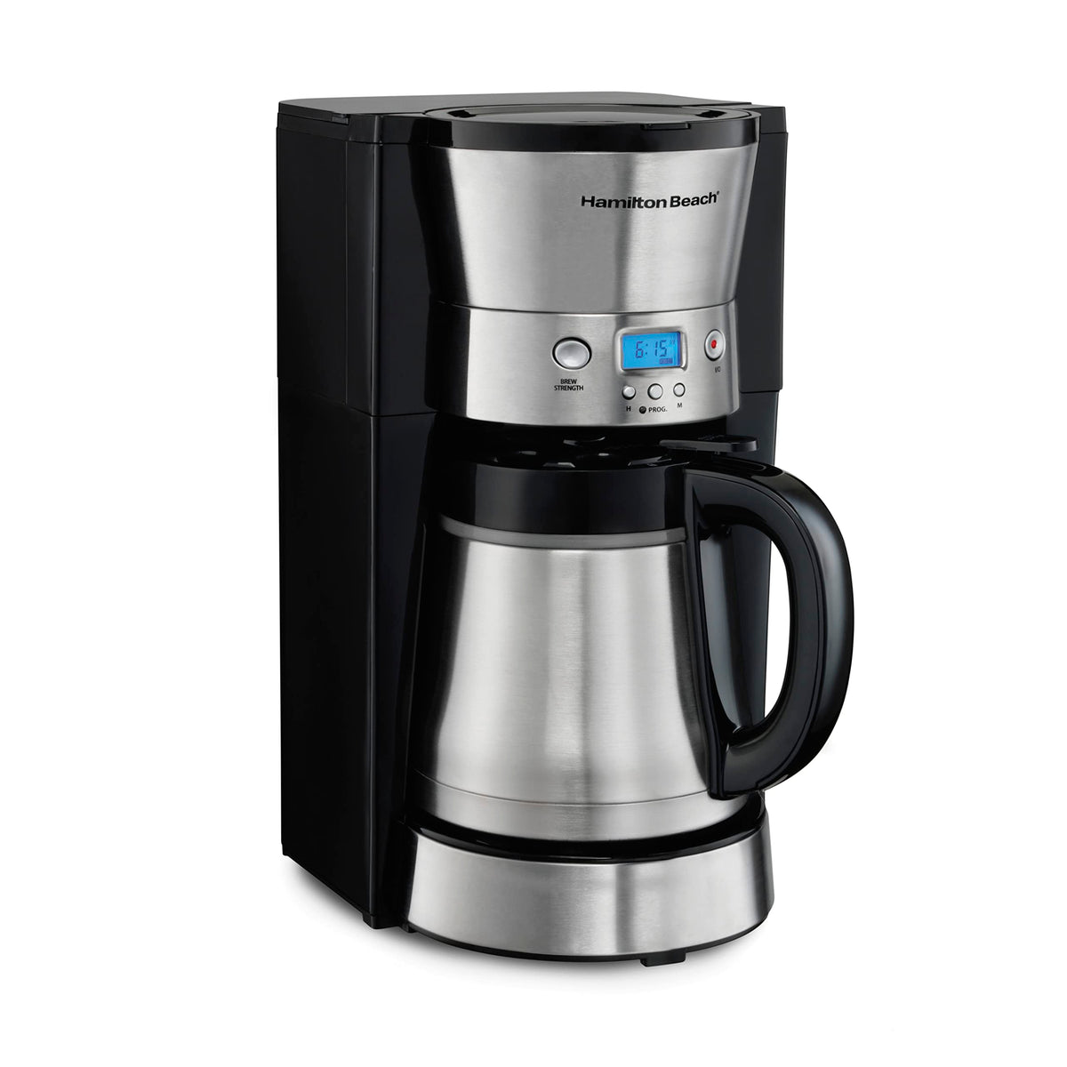 Hamilton Beach programmable coffee maker with thermal carafe keeps coffee hot and fresh.