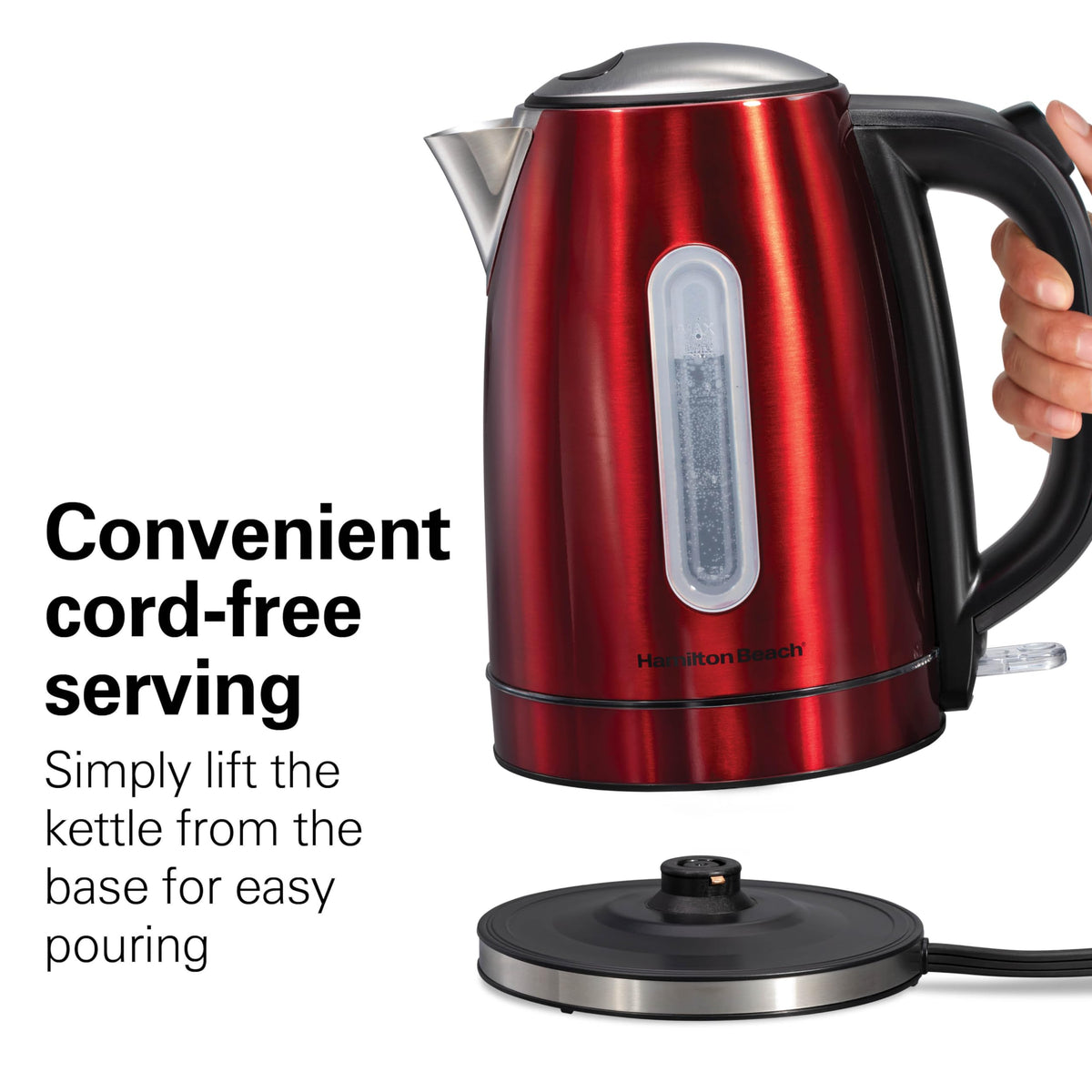 Hamilton Beach red cordless kettle offers versatile, spill-free serving.