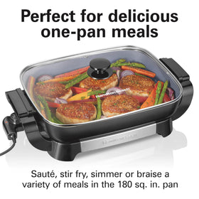 Hamilton Beach removable 12x15 skillet shown for serving directly from the pan.