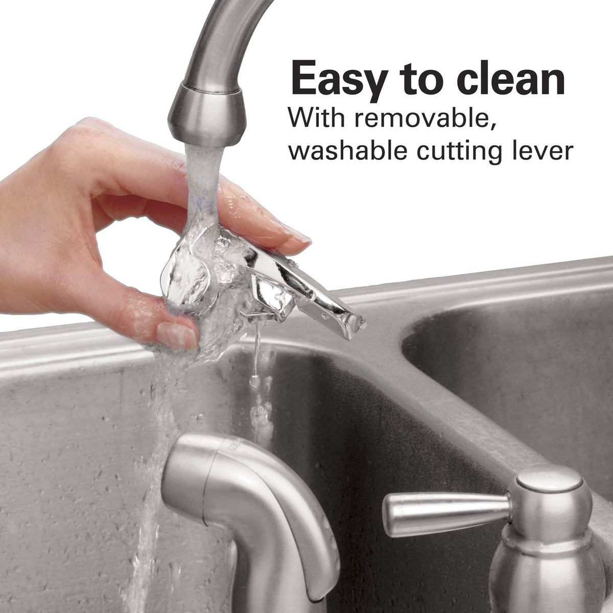 Hamilton Beach can opener shows removable cutting lever for quick faucet-rinse cleanup.