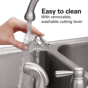 Hamilton Beach can opener shows removable cutting lever for quick faucet-rinse cleanup.