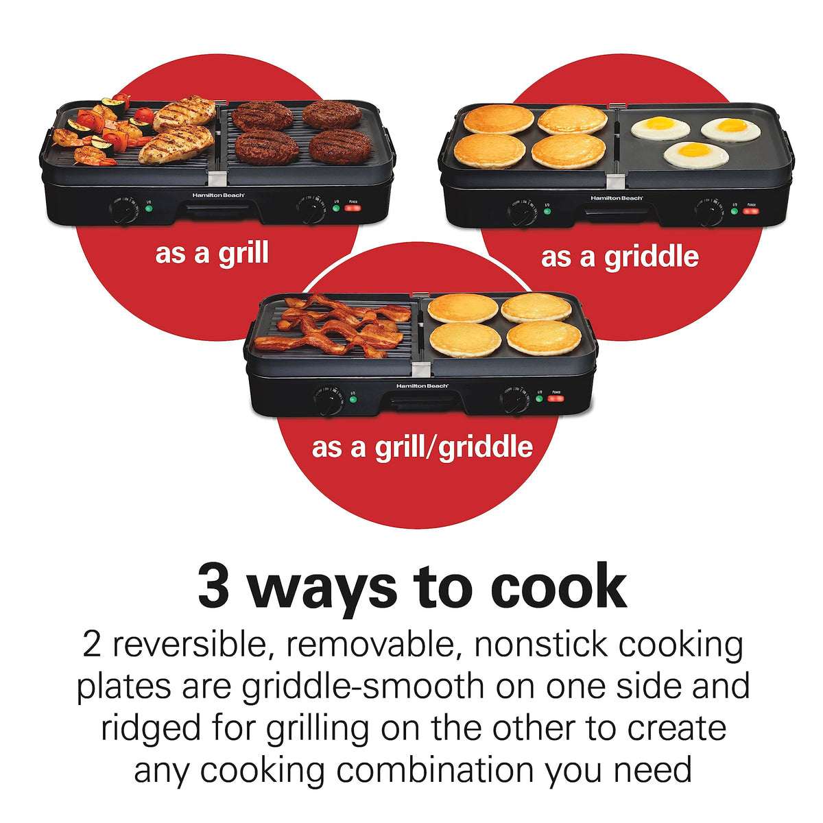 Reversible nonstick plates enable grilling or griddling on Hamilton Beach