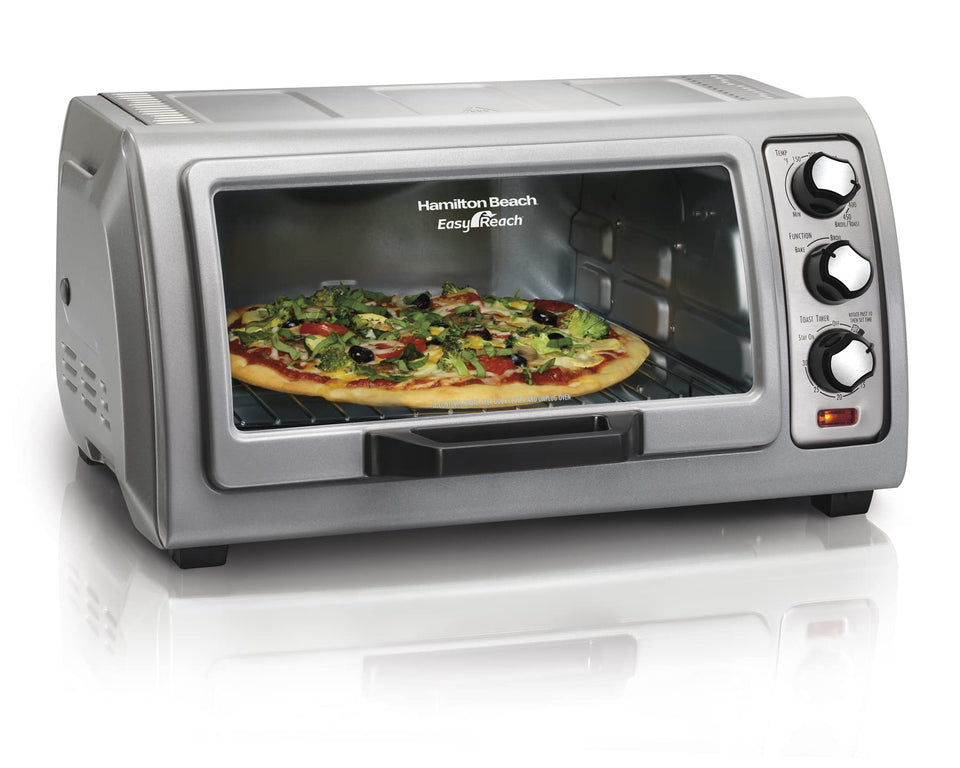 Hamilton Beach roll-top door toaster oven front view showcases compact design for clutter-free counters.