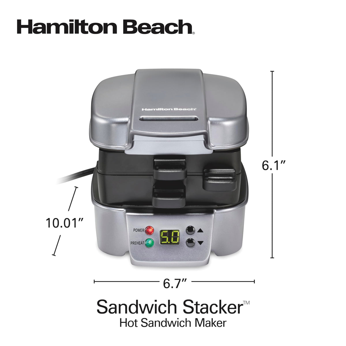 Hamilton Beach Sandwich Stacker silver finish, sleek look complements modern kitchens.