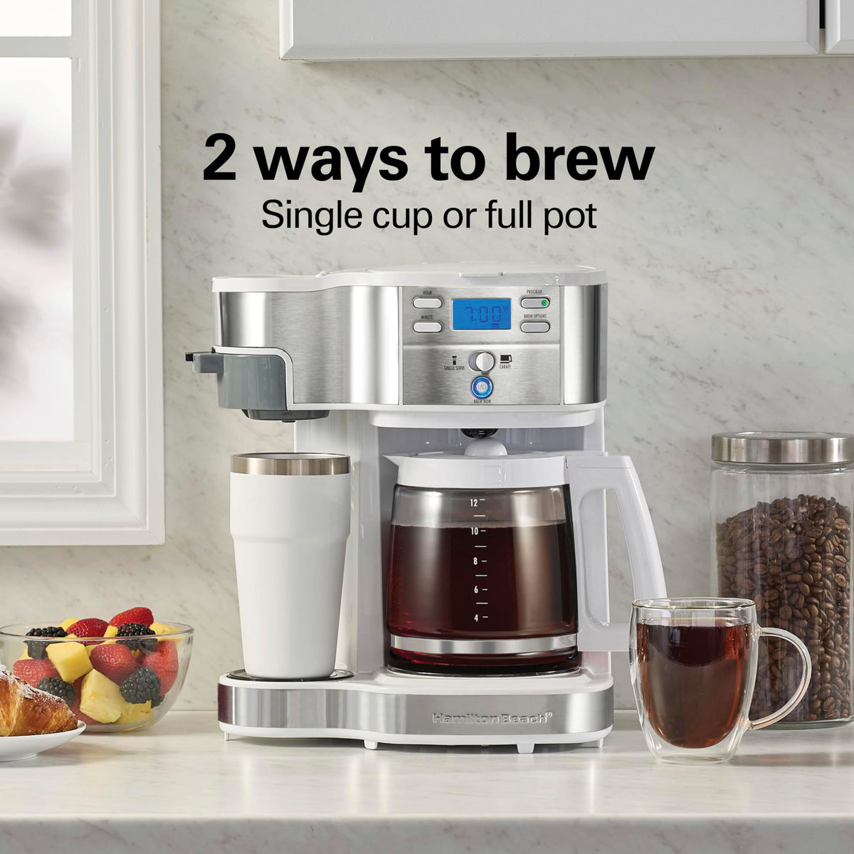 Hamilton Beach single-serve brew with mesh scoop enabling fast, fresh coffee.