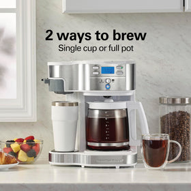 Hamilton Beach single-serve brew with mesh scoop enabling fast, fresh coffee.