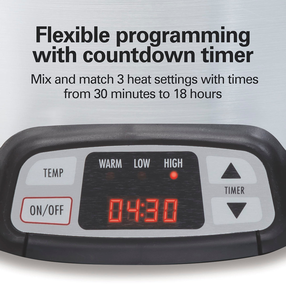 Hamilton Beach slow cooker countdown display tracks cooking time.
