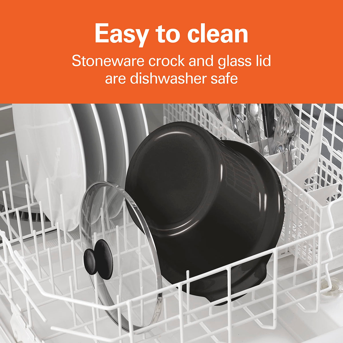 Hamilton Beach dishwasher-safe crock and lid enable easy cleaning.