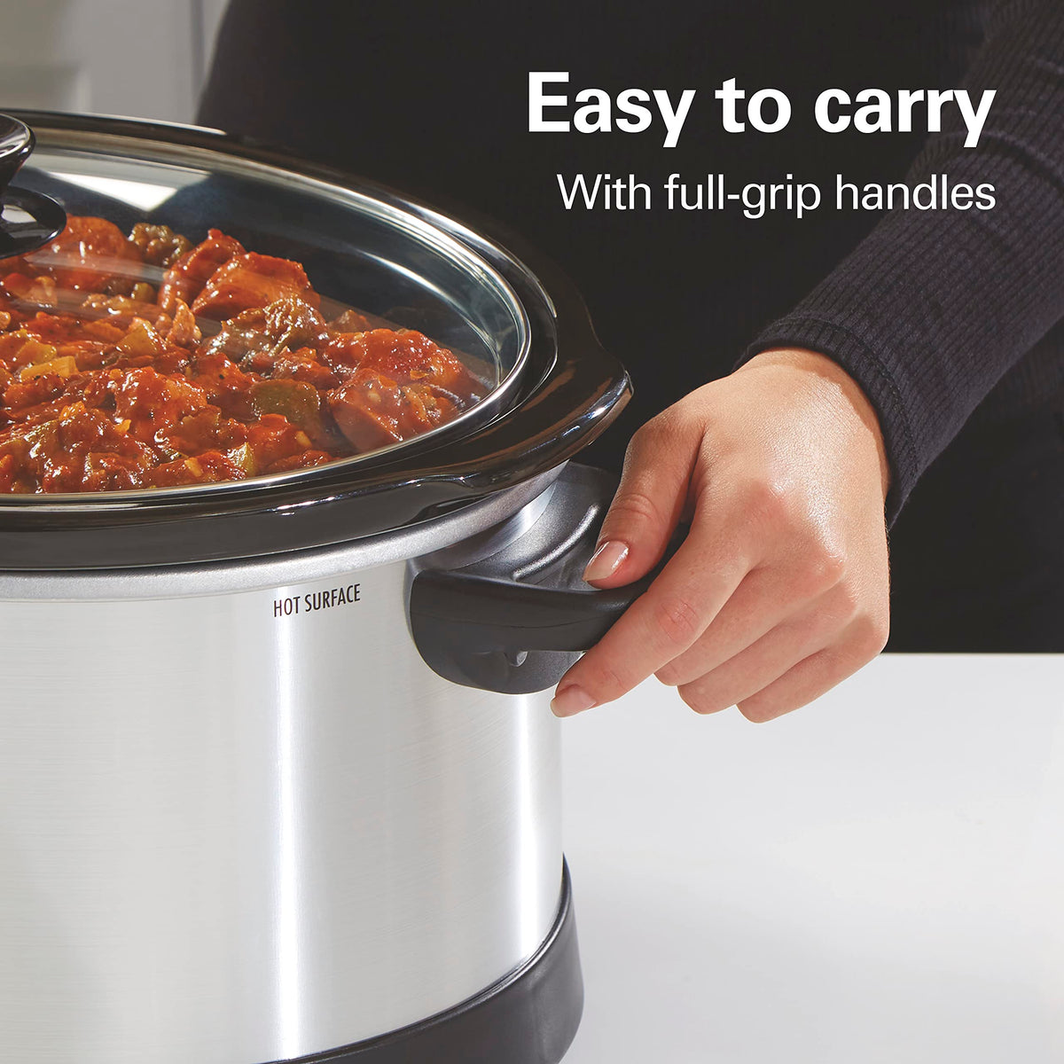 Hamilton Beach slow cooker full-grip handles provide easy transport.