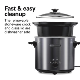 Hamilton Beach slow cooker in use shows bubbling stew filling the kitchen