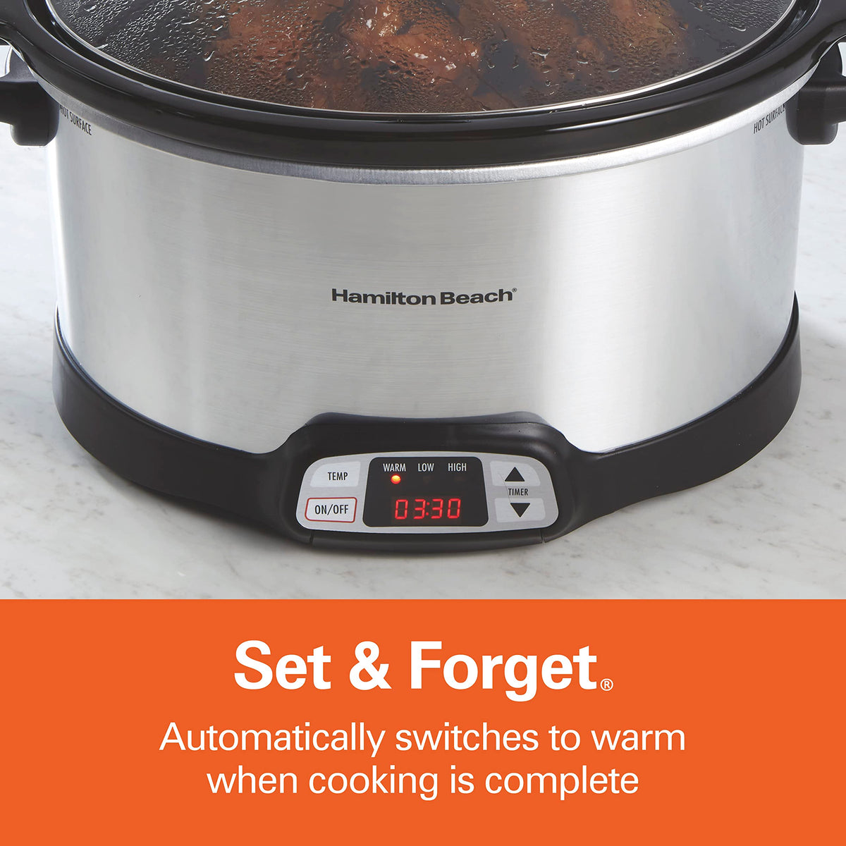 Hamilton Beach slow cooker set-forget auto-warm function.