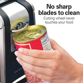 Hamilton Beach stainless steel scissors store neatly for quick packaging.