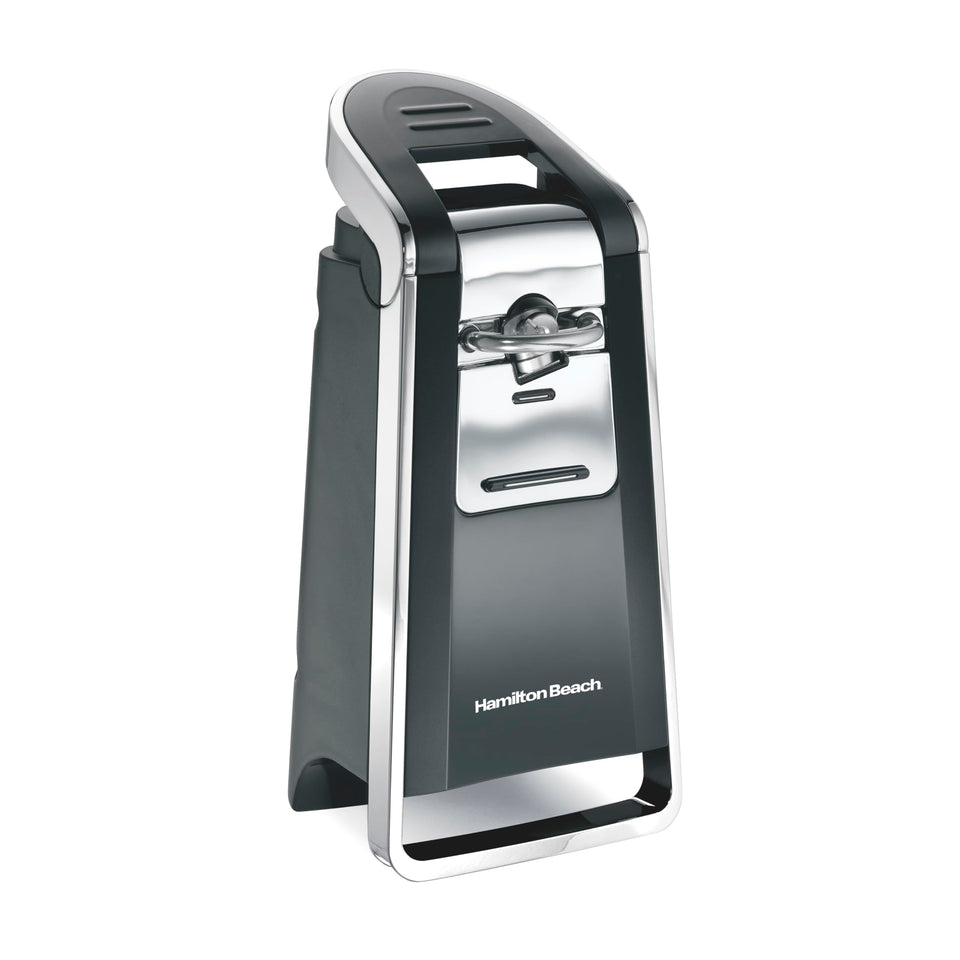 Hamilton Beach Smooth Touch can opener, front view, black chrome finish for quick one-handed use.