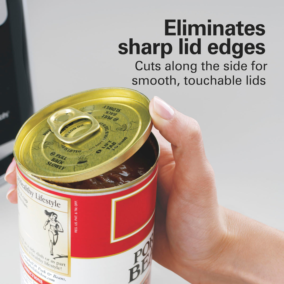 Hamilton Beach Smooth Touch lever close-up, easy one-handed operation for pop-top and regular cans.
