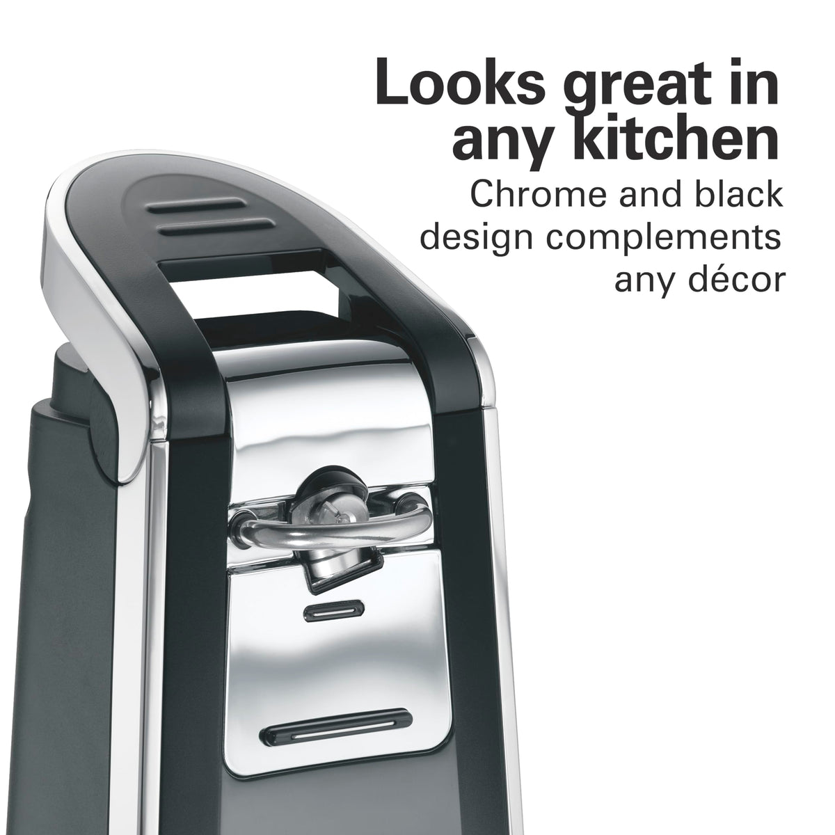 Hamilton Beach Smooth Touch on countertop, sturdy, tall design fits larger cans.