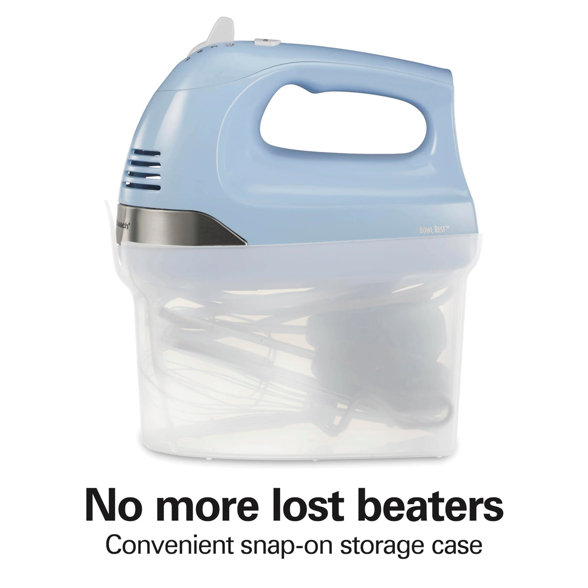 Hamilton Beach hand mixer with snap-on storage case keeps attachments organized.