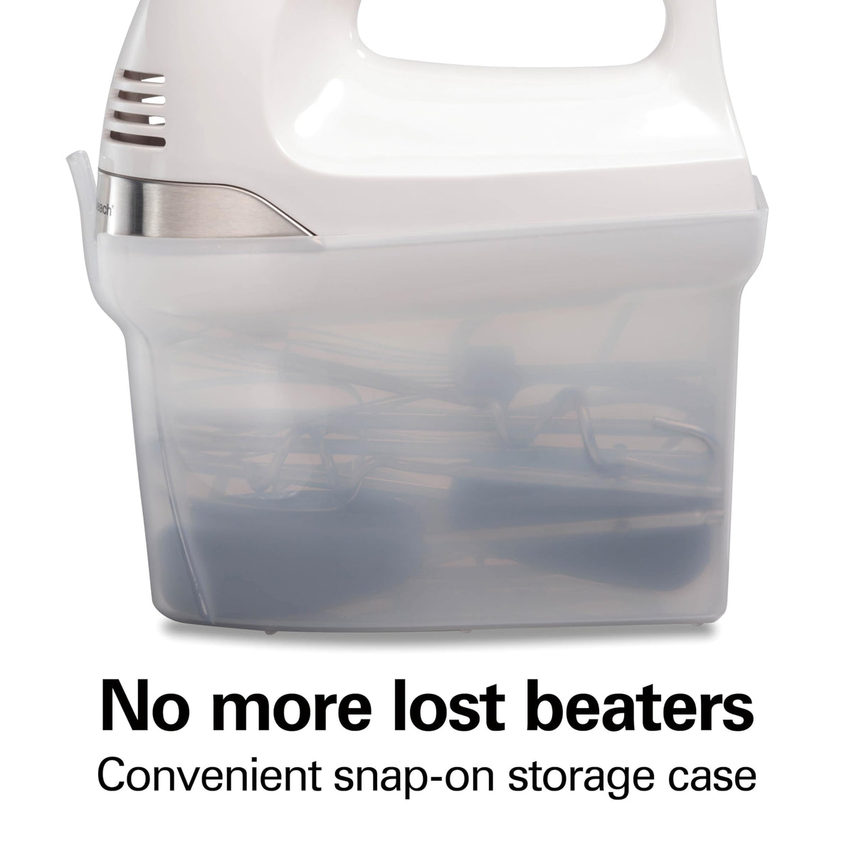 Hamilton Beach snap-on storage case keeps attachments organized for next use.