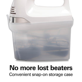 Hamilton Beach snap-on storage case keeps attachments organized for next use.