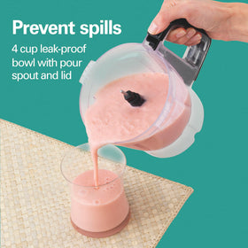Hamilton Beach pour-spout feature shown enabling easy transfer of liquids