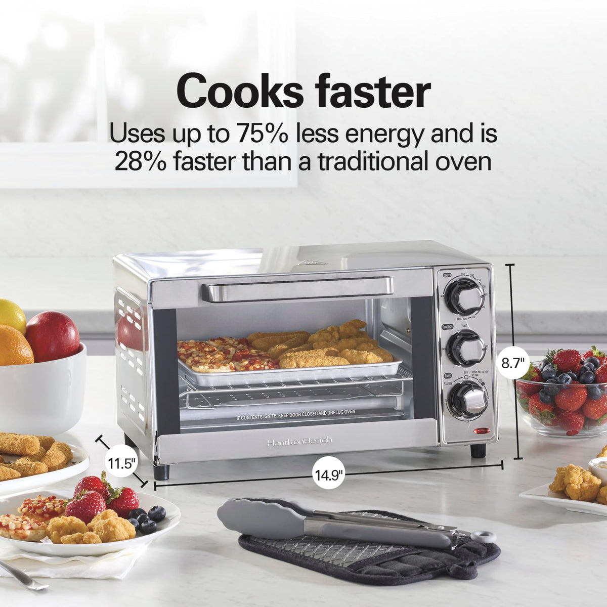 Hamilton Beach stainless steel toaster oven model 31401 on a kitchen counter