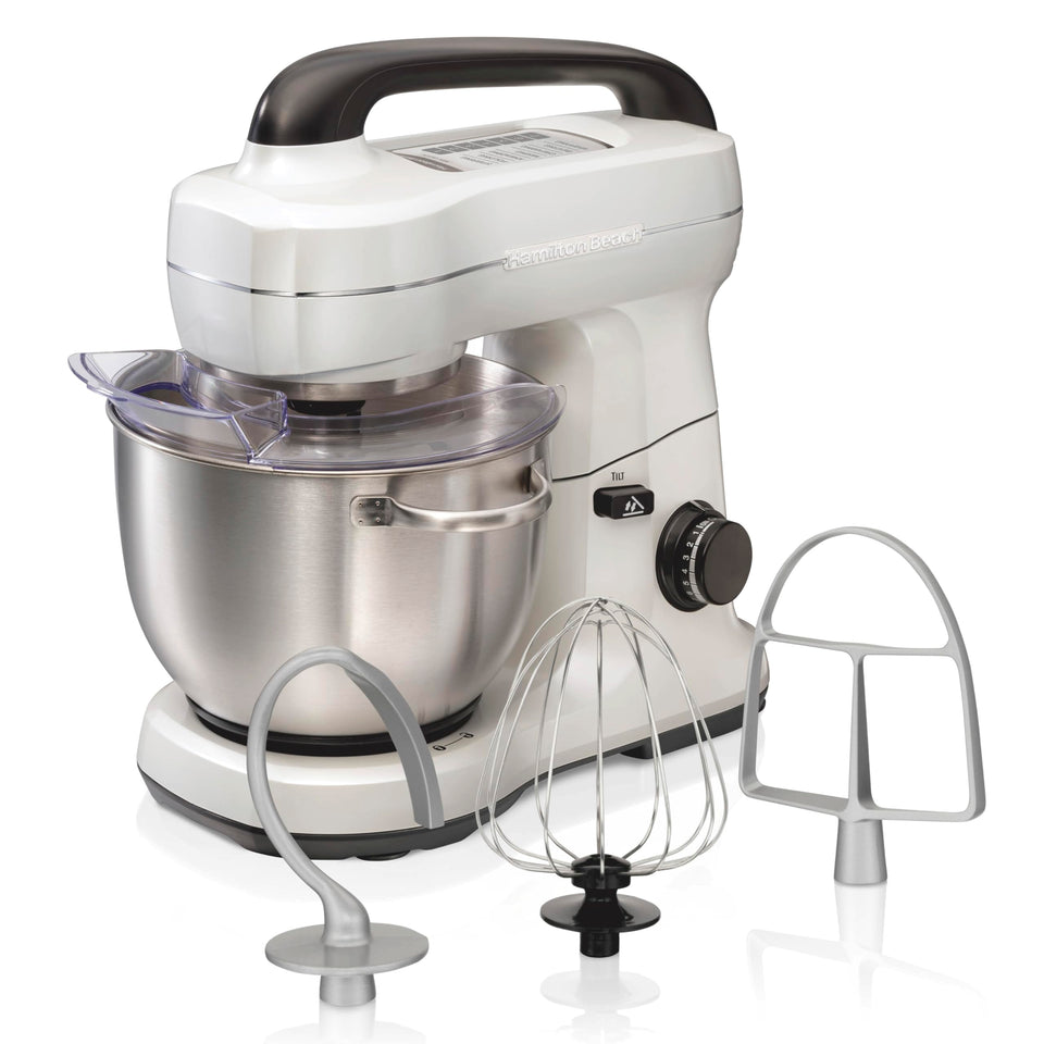 Hamilton Beach stand mixer with 4-quart bowl and attachments for baking.