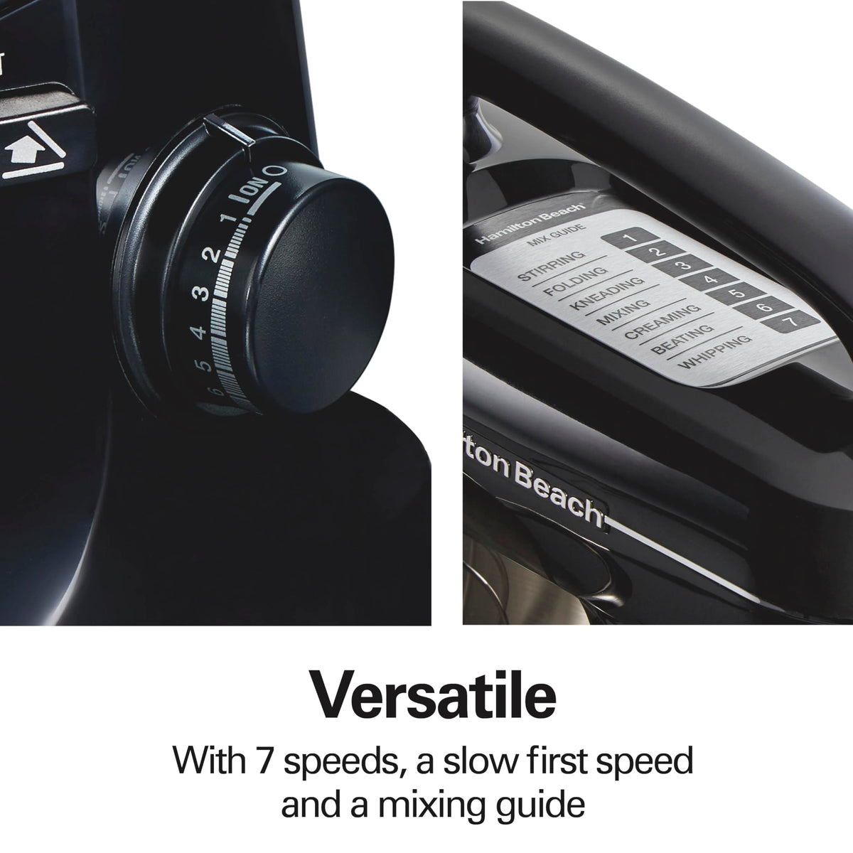 Seven speeds with slow start for controlled mixing.