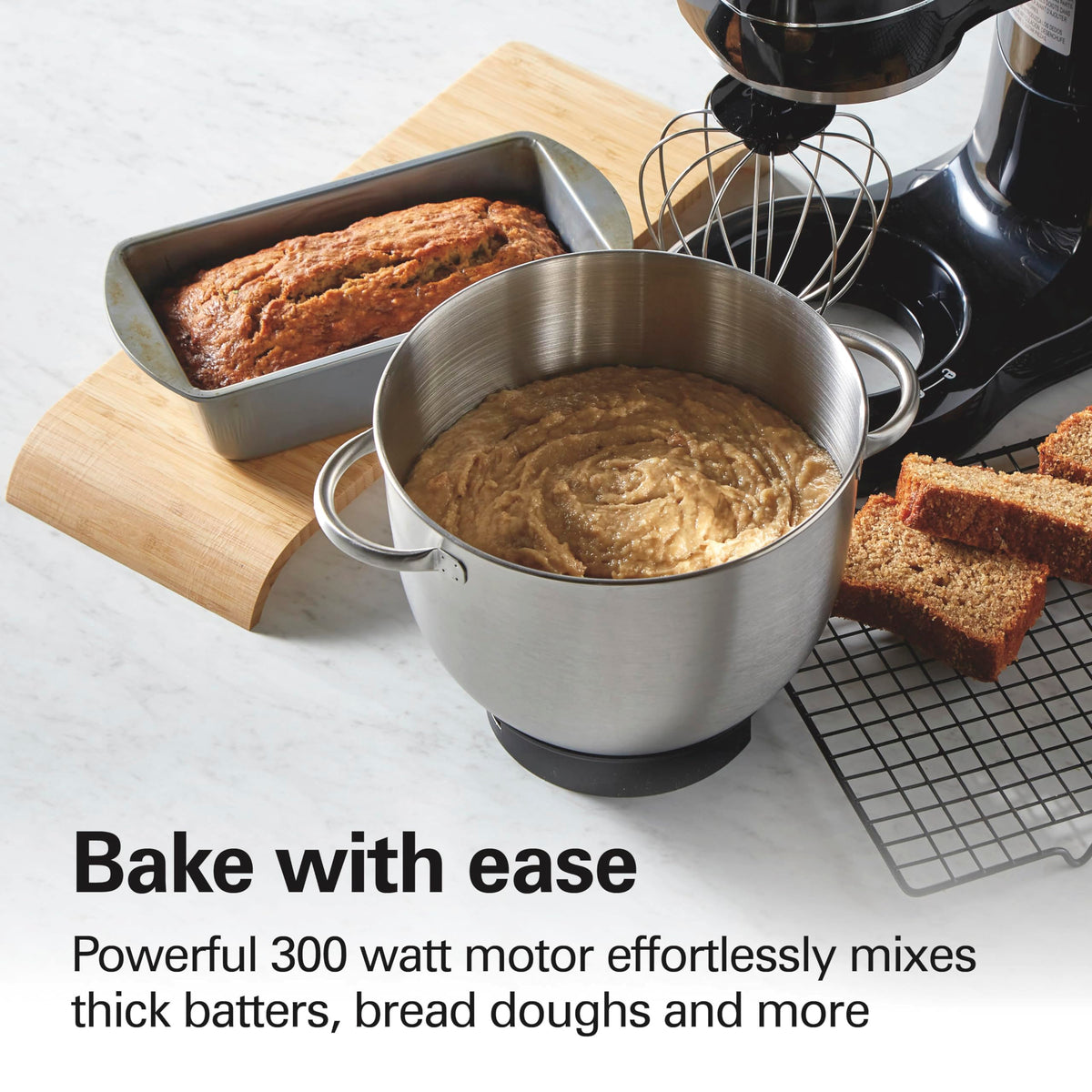 Dough hook included for kneading bread and dough.