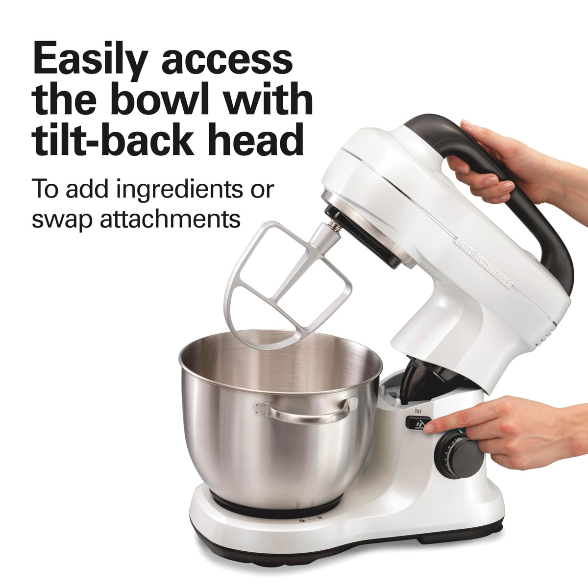 Hamilton Beach stand mixer top handle for easy lifting.