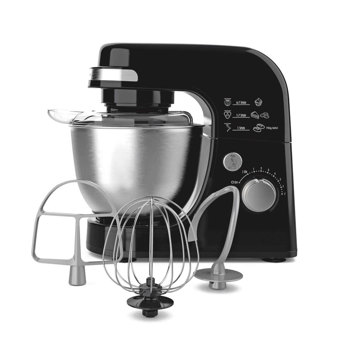 Hamilton Beach stand mixer front view in black, ideal for home baking tasks.